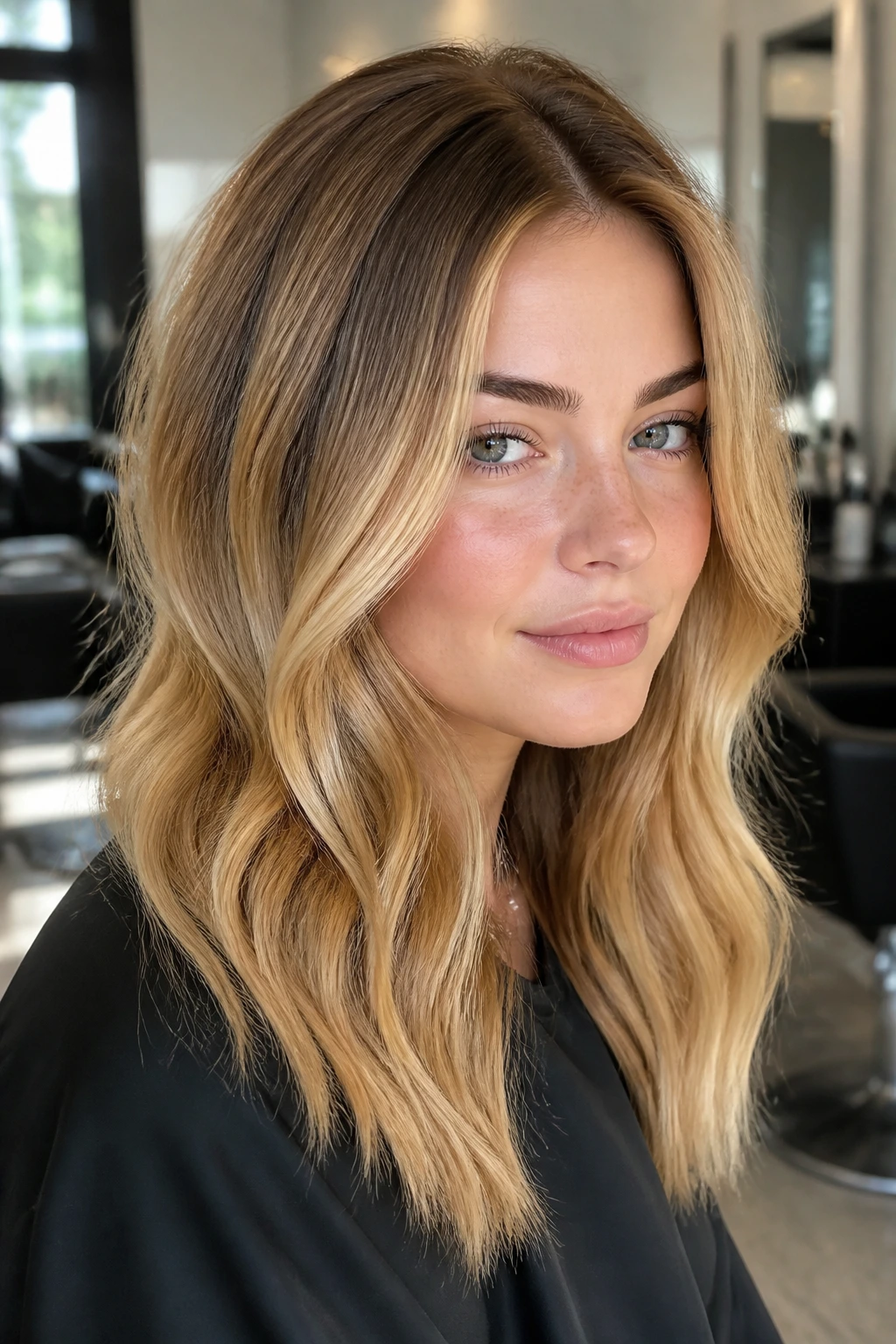 Portrait of a real person with rooted butterscotch blonde and soft shadow roots