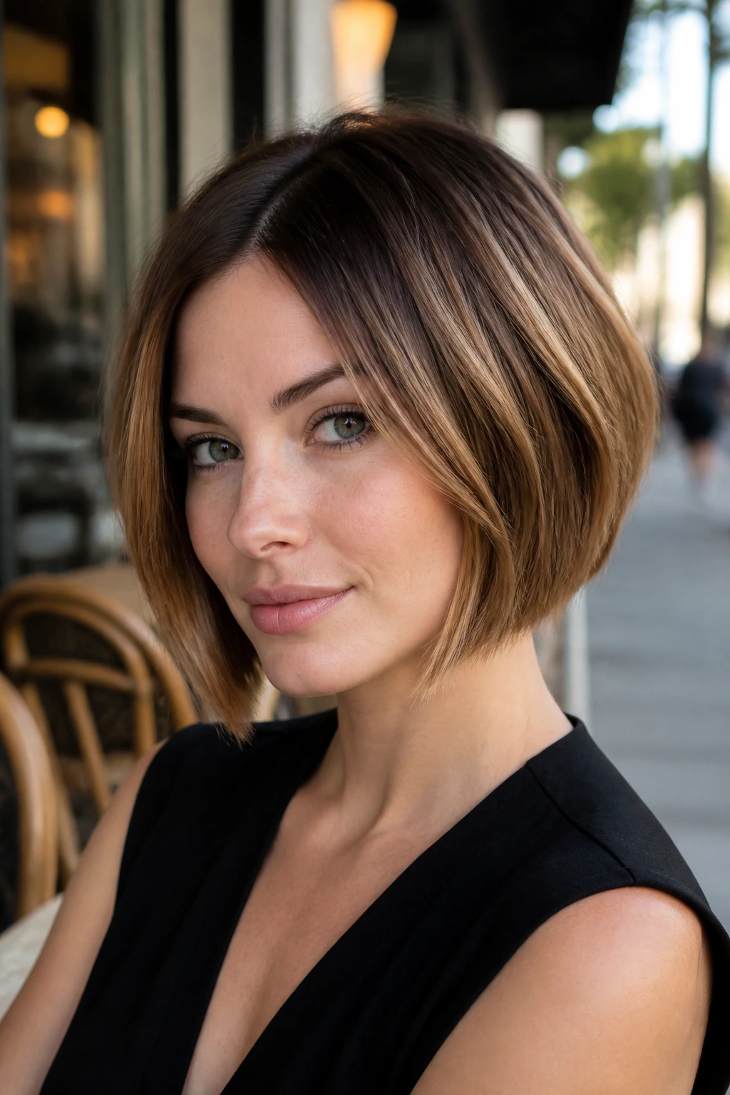 Close-up of a person with rooted caramel bob hairstyle