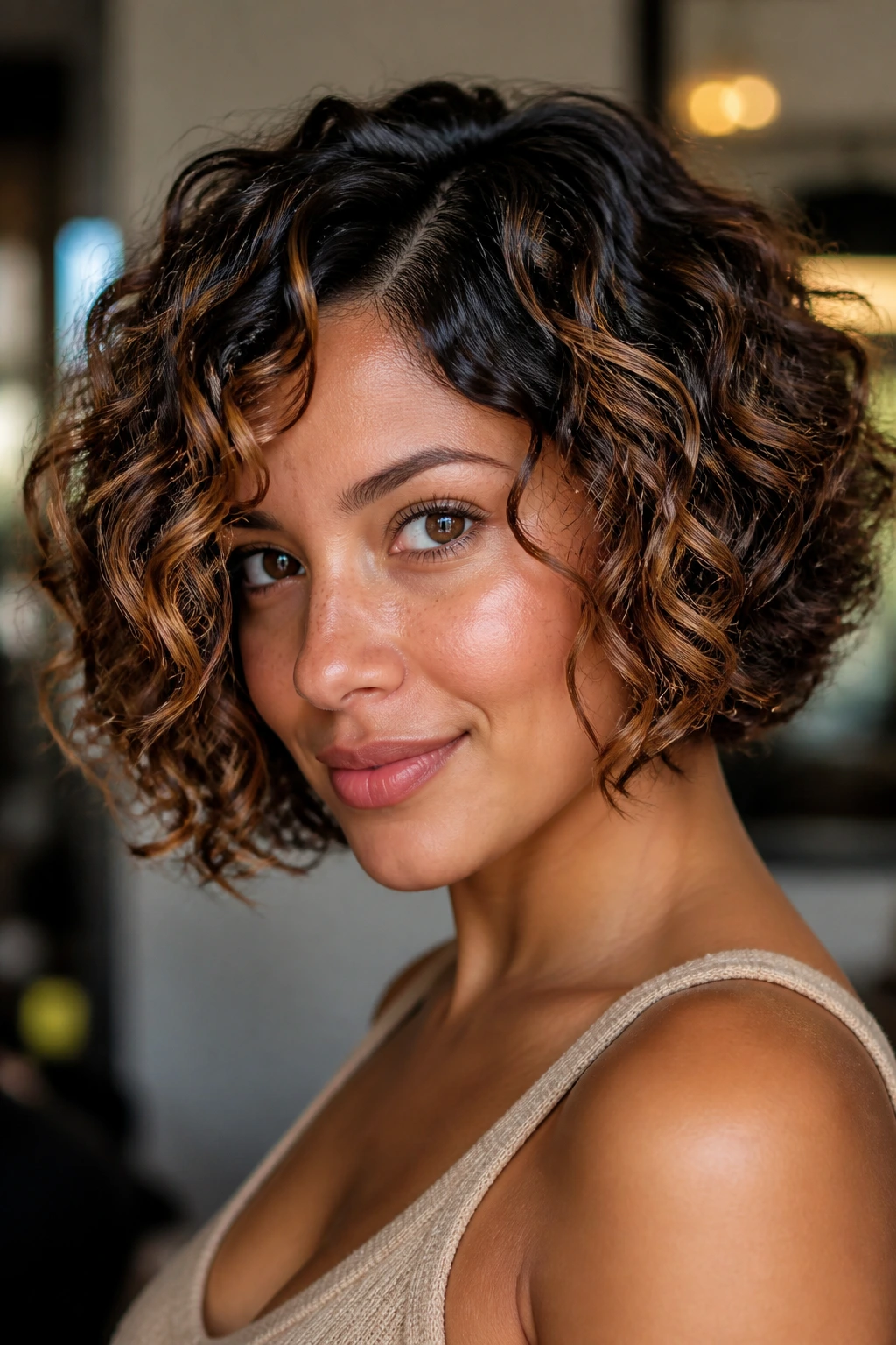 Close-up portrait of a real woman with rooted caramel curly bob