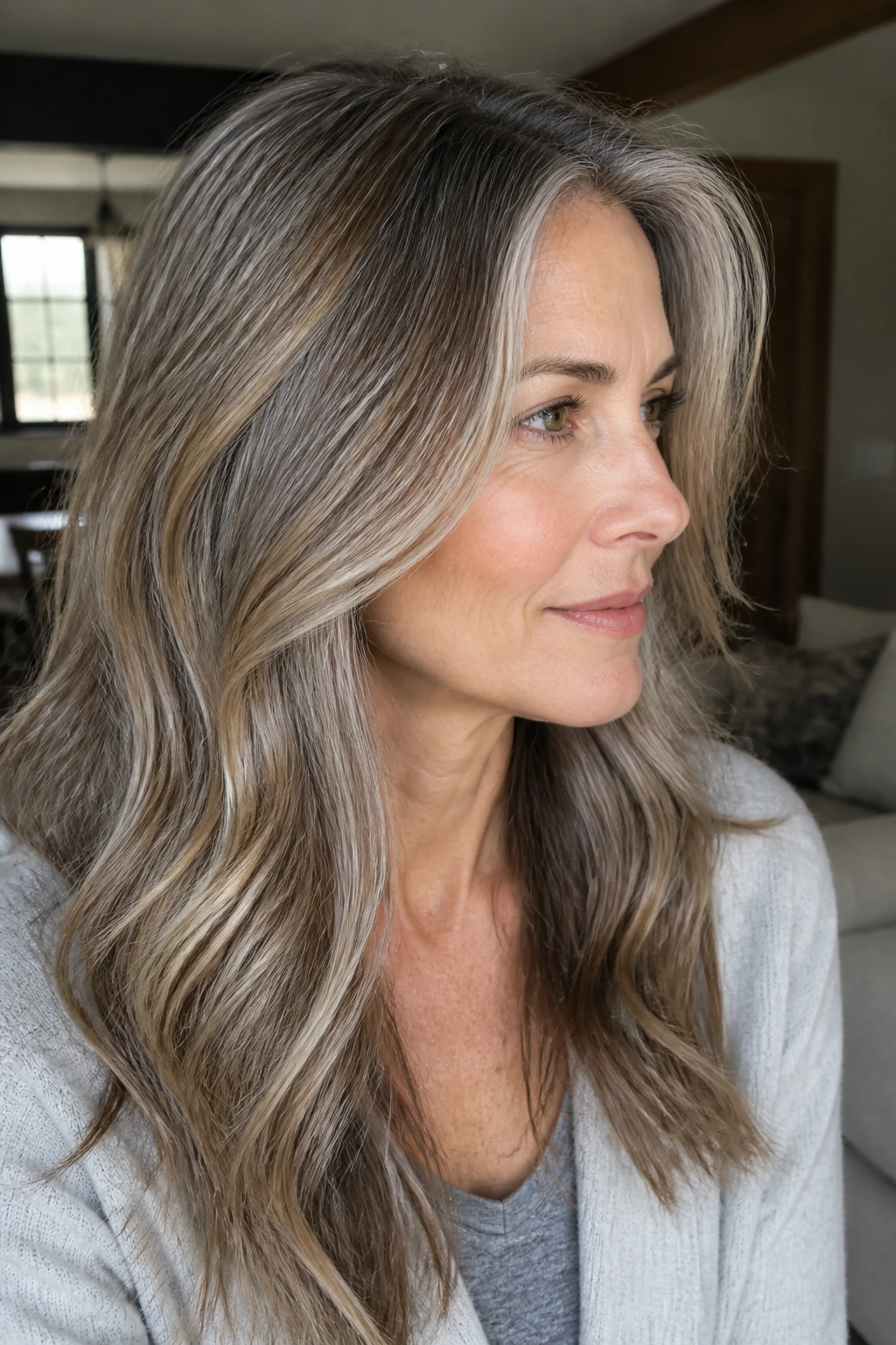 Close-up of a real woman with rooted caramel dimension blending grey hair