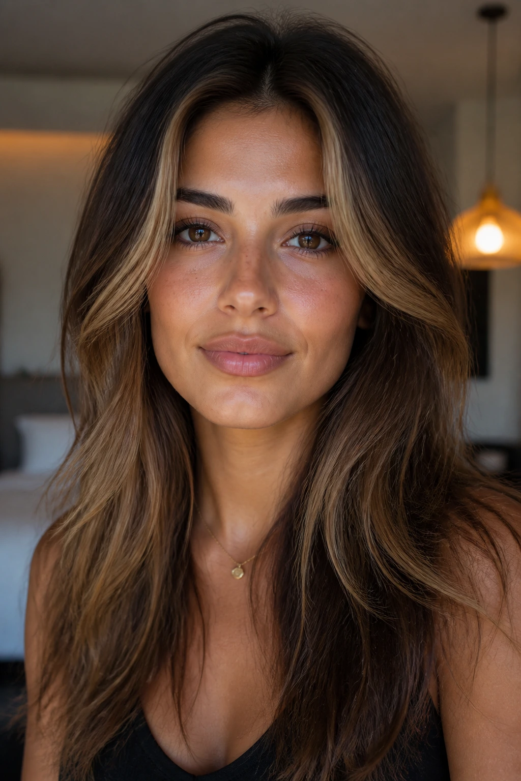 Olive-skinned woman with rooted caramel halo around the face
