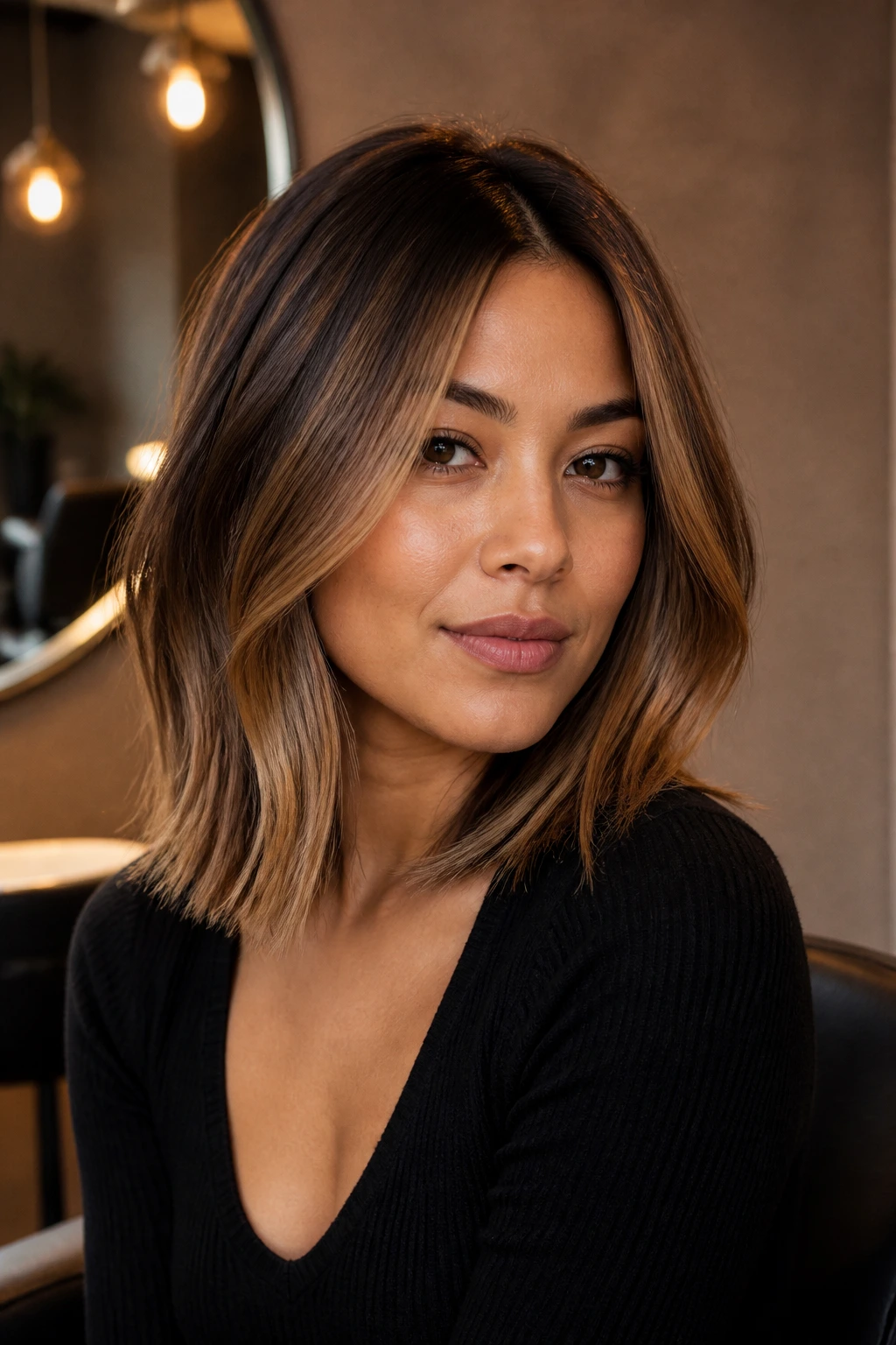 Close-up of rooted caramel lob on real woman, shadow root