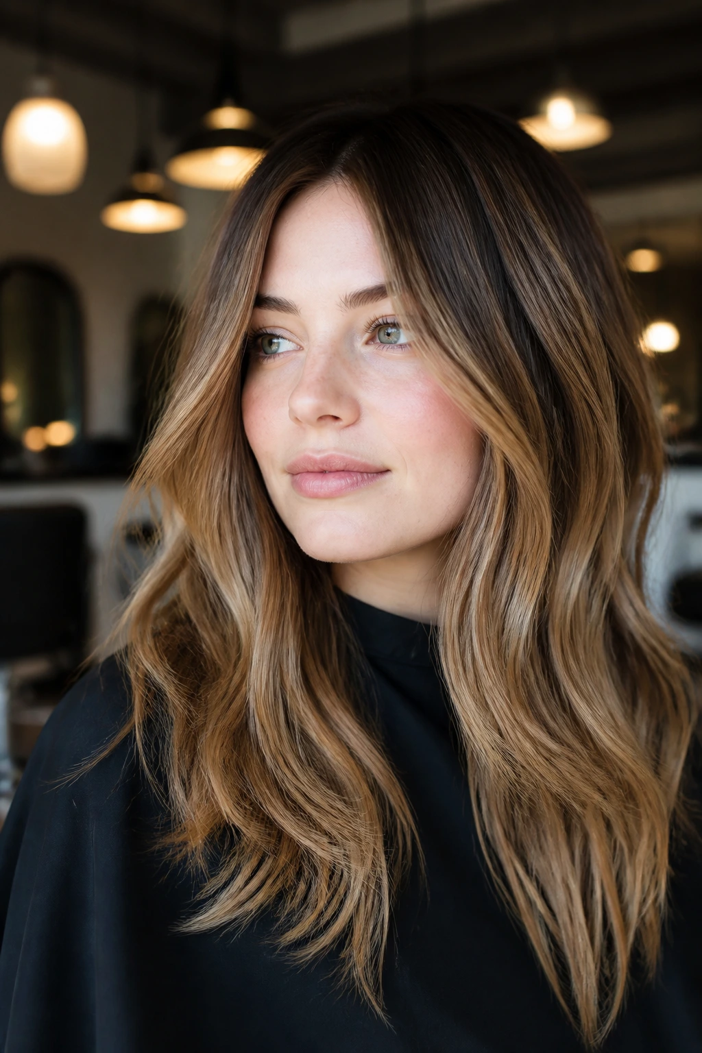 Close-up portrait showing rooted caramel on long layered hair in a warm salon setting