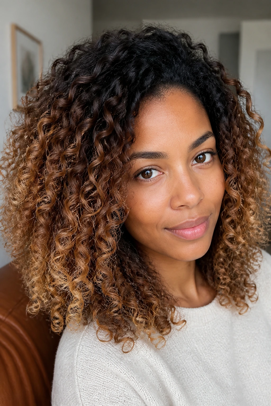 Close-up of a real person with rooted caramel melt from espresso to almond across curls.