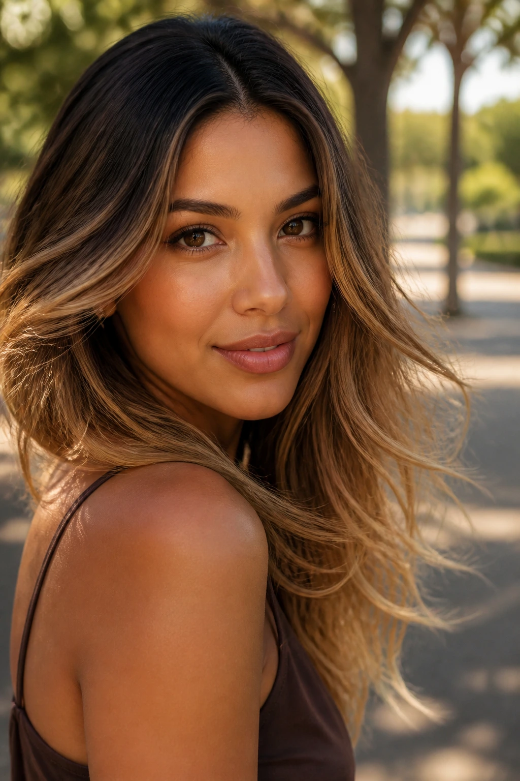 Close-up portrait of a real woman with rooted caramel ombré hair showing gradient from roots to ends