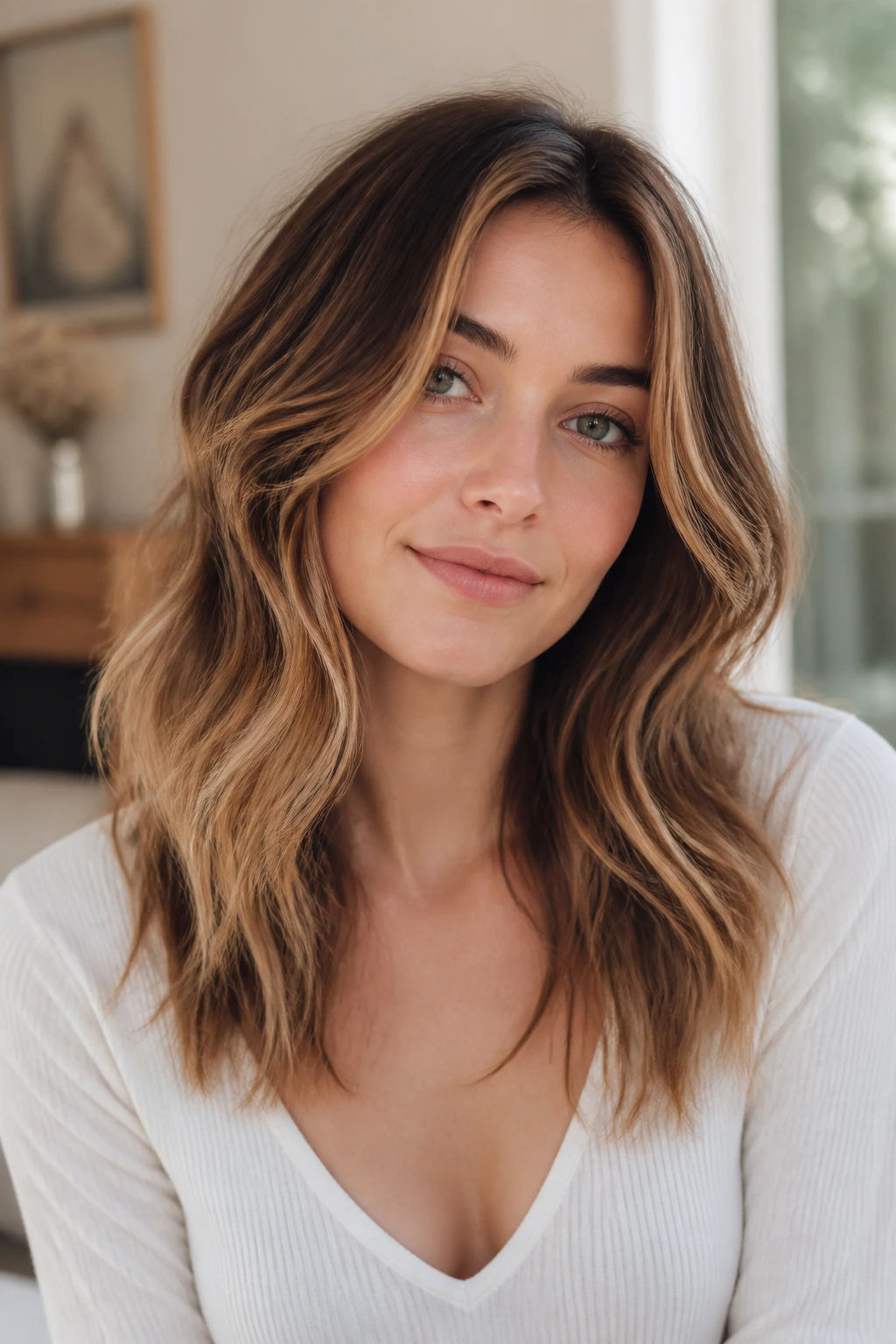 Real woman with rooted caramel slices and gradient from roots to ends