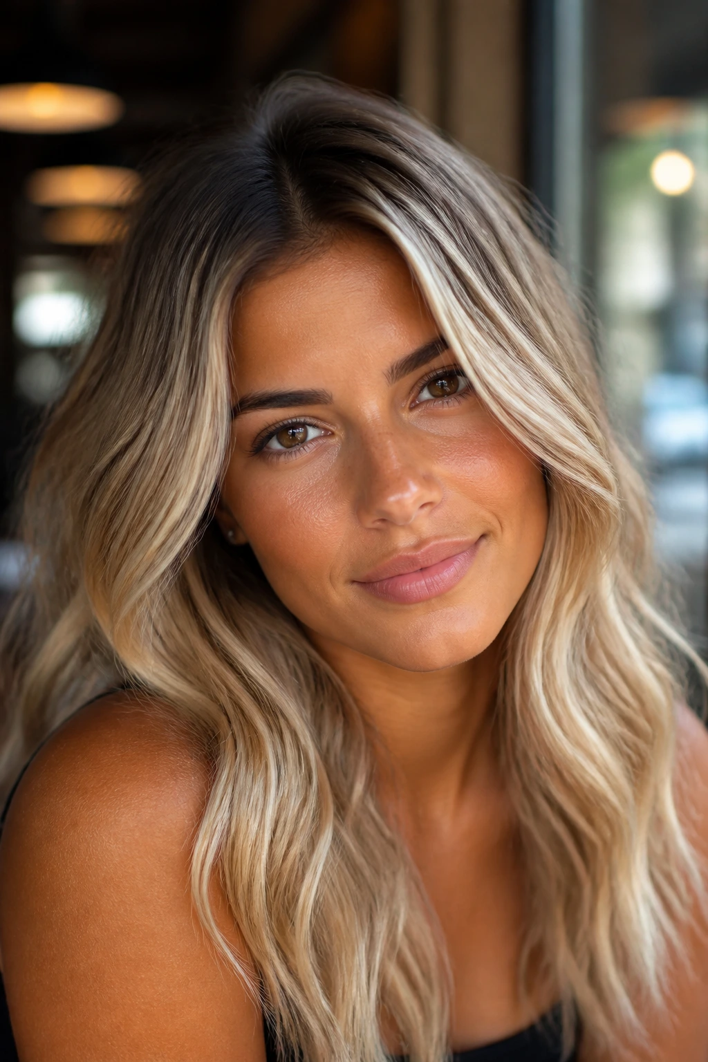 Close-up portrait of a real woman with rooted champagne blonde hair in cafe window light.