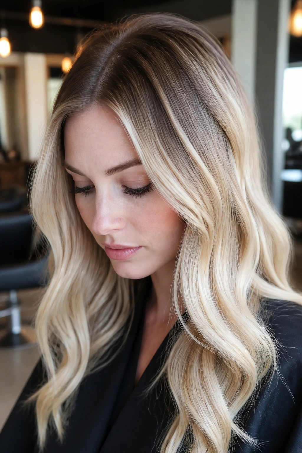 Portrait of woman with rooted champagne blonde and shadow melt hair