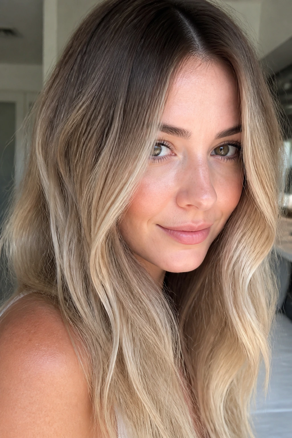 Portrait of a real person with rooted champagne bronde hair