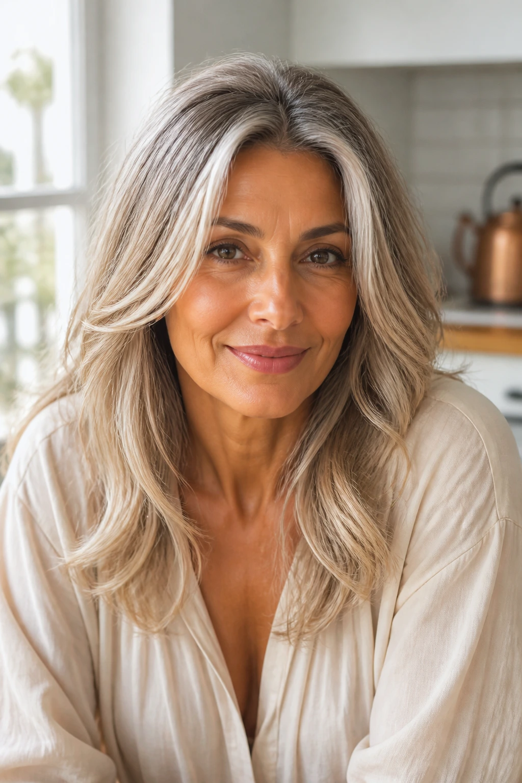 Close-up portrait of a real woman with rooted champagne gray hair