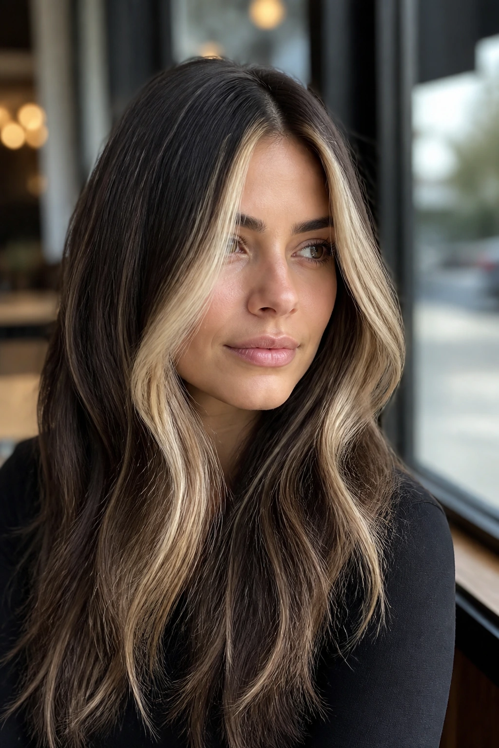 Face-framing champagne money piece with darker roots in natural cafe light