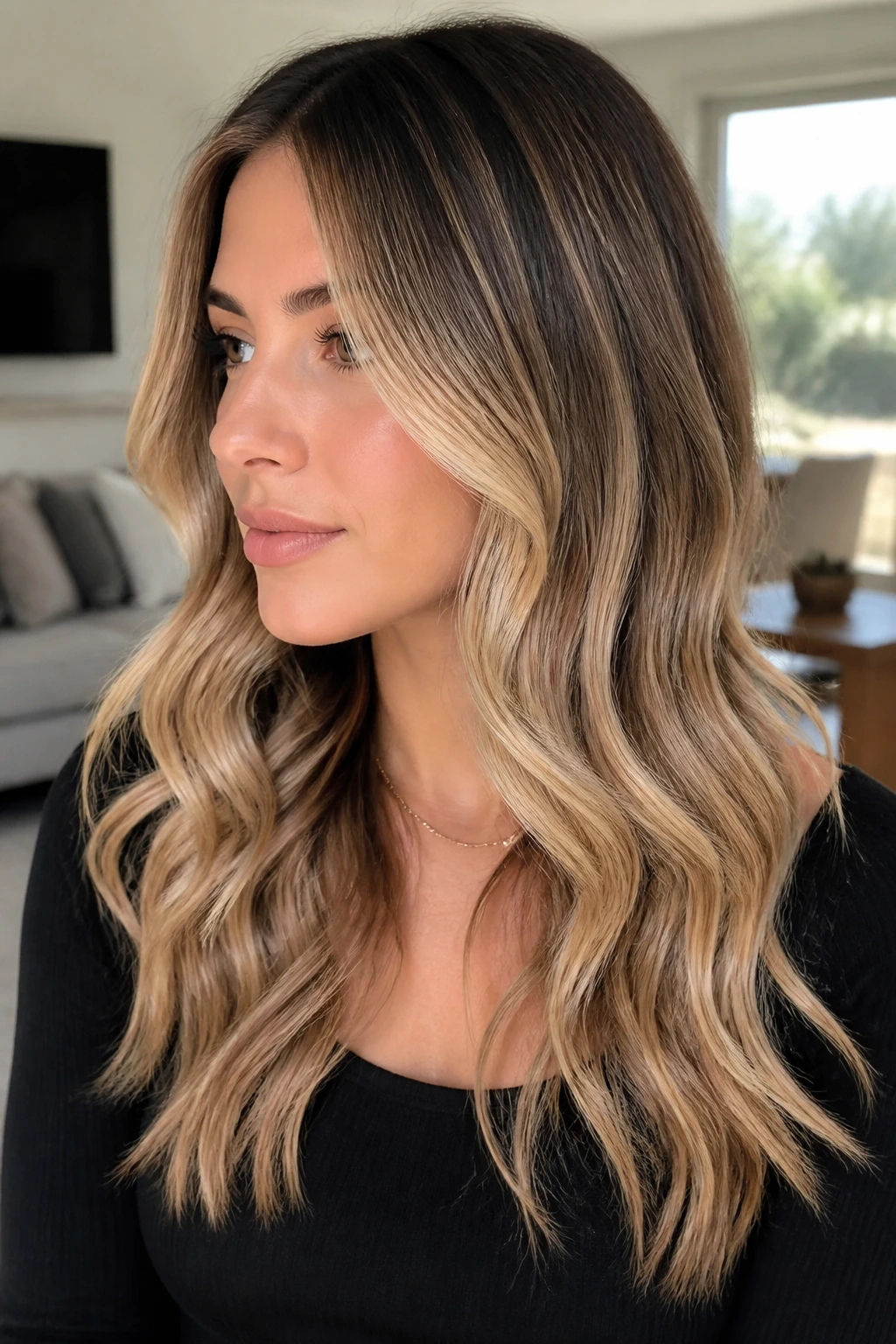 Portrait of a woman with rooted champagne waves in a cozy room
