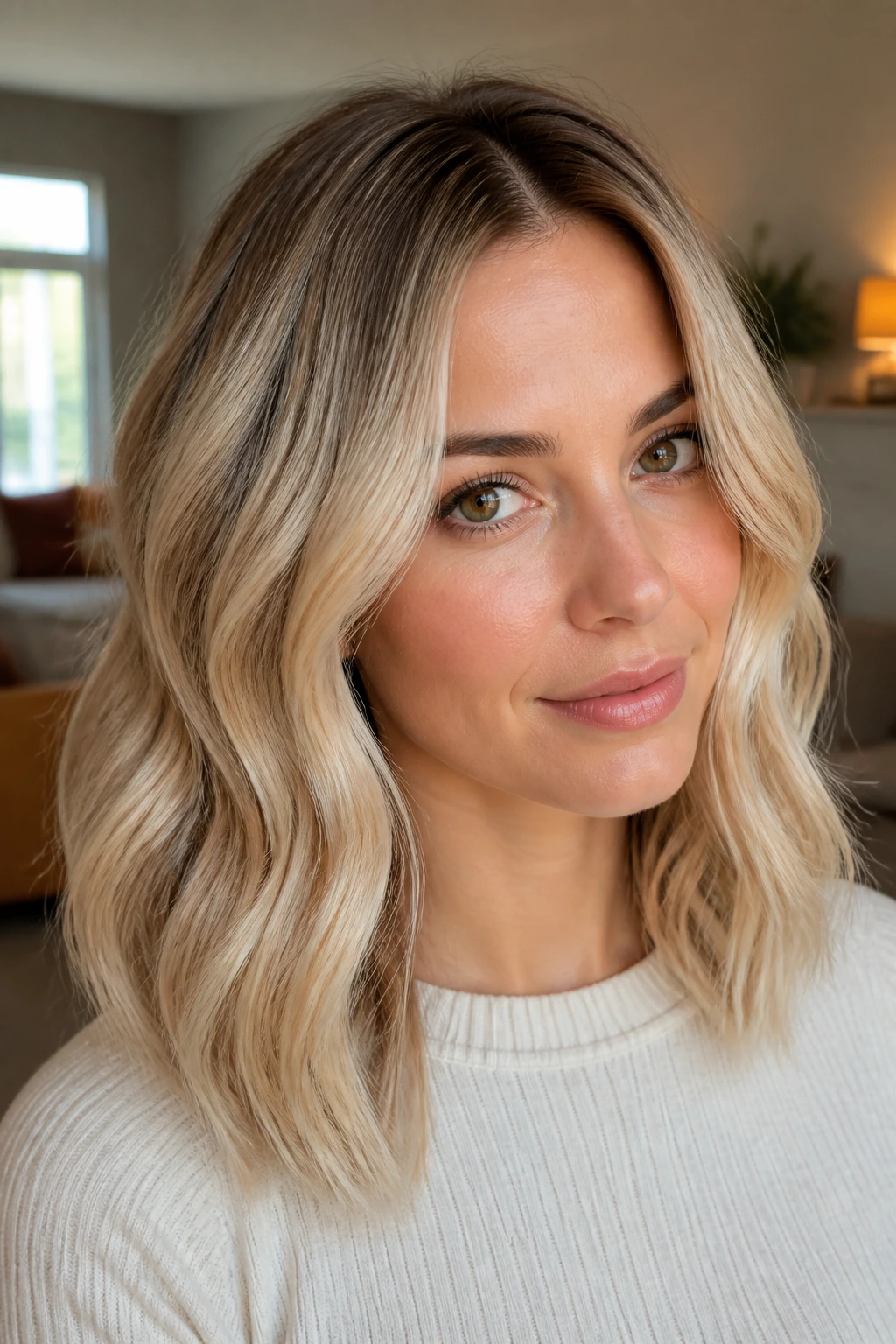 Portrait of a real woman with rooted champagne blonde waves.