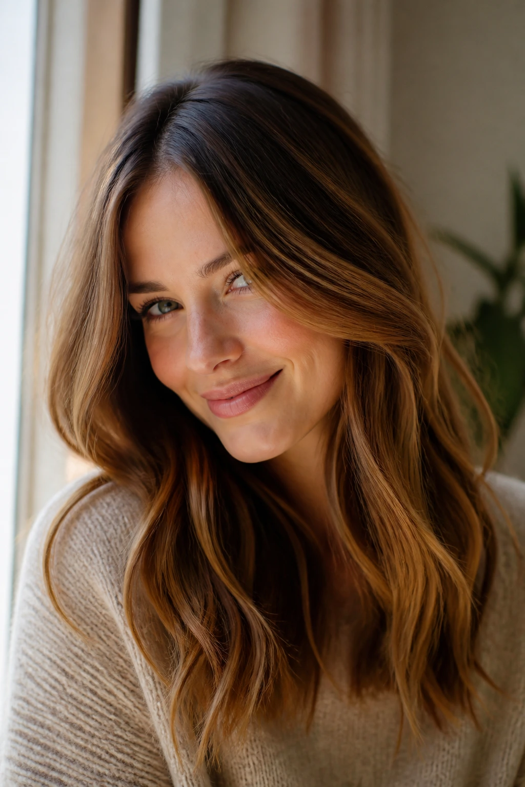 Close-up of rooted chestnut caramel melt on a real person