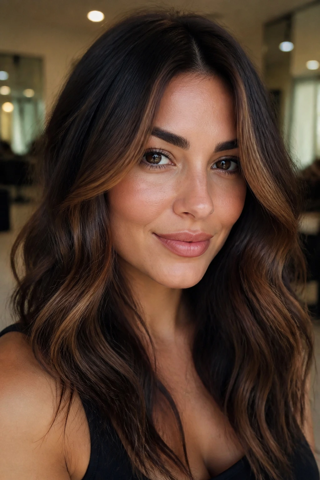 Portrait showing rooted dark base with chestnut front contour framing the face