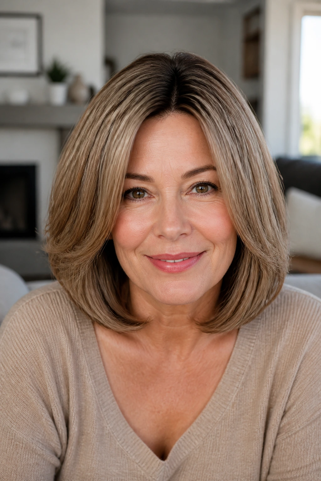 Close-up portrait of a real woman with rooted color synthetic monofilament wig