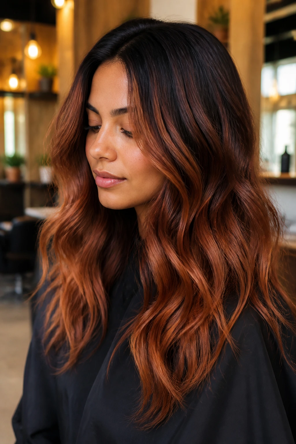 Real person with dark roots and copper melt through mid-lengths in a warm salon.