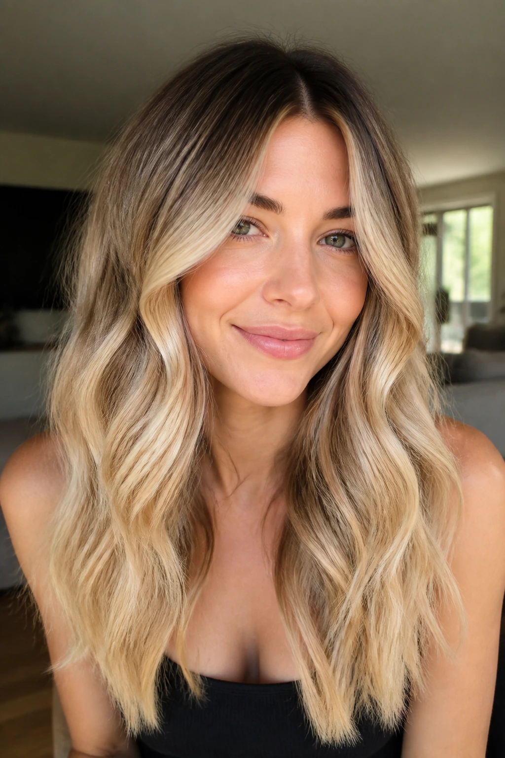 Close-up of brunette model with rooted cream blonde waves under warm window light