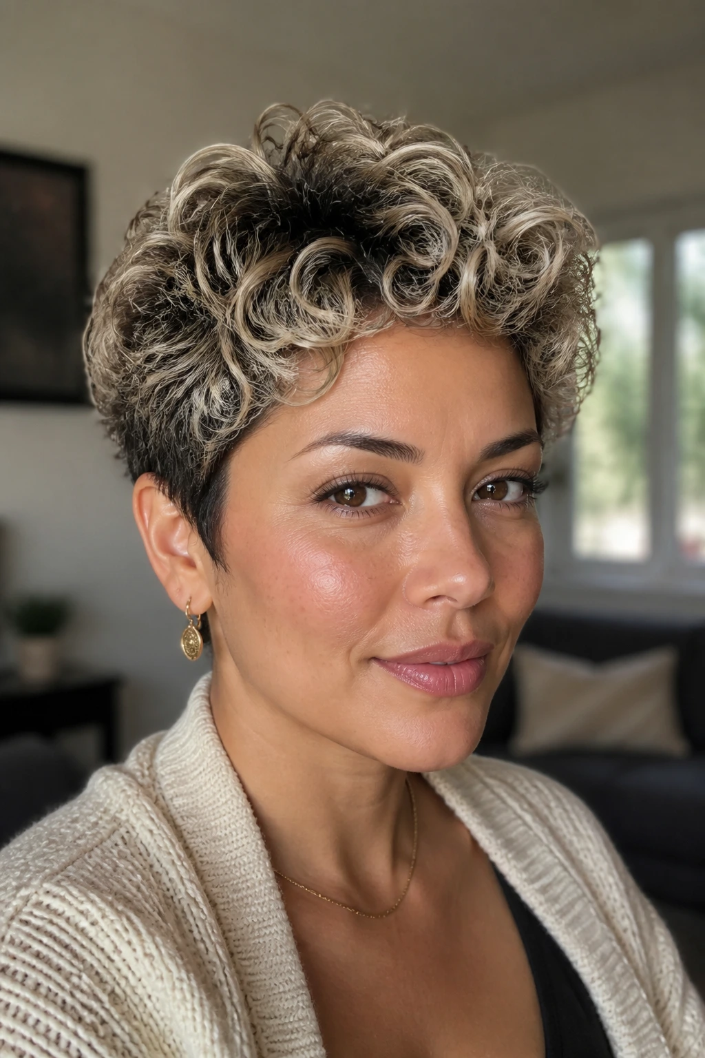 Close-up portrait of a real woman with rooted cream blonde curly crop and defined curls