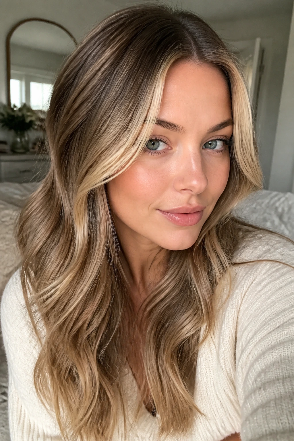 Close-up of a real woman with rooted dark blonde and a lighter money piece around the face