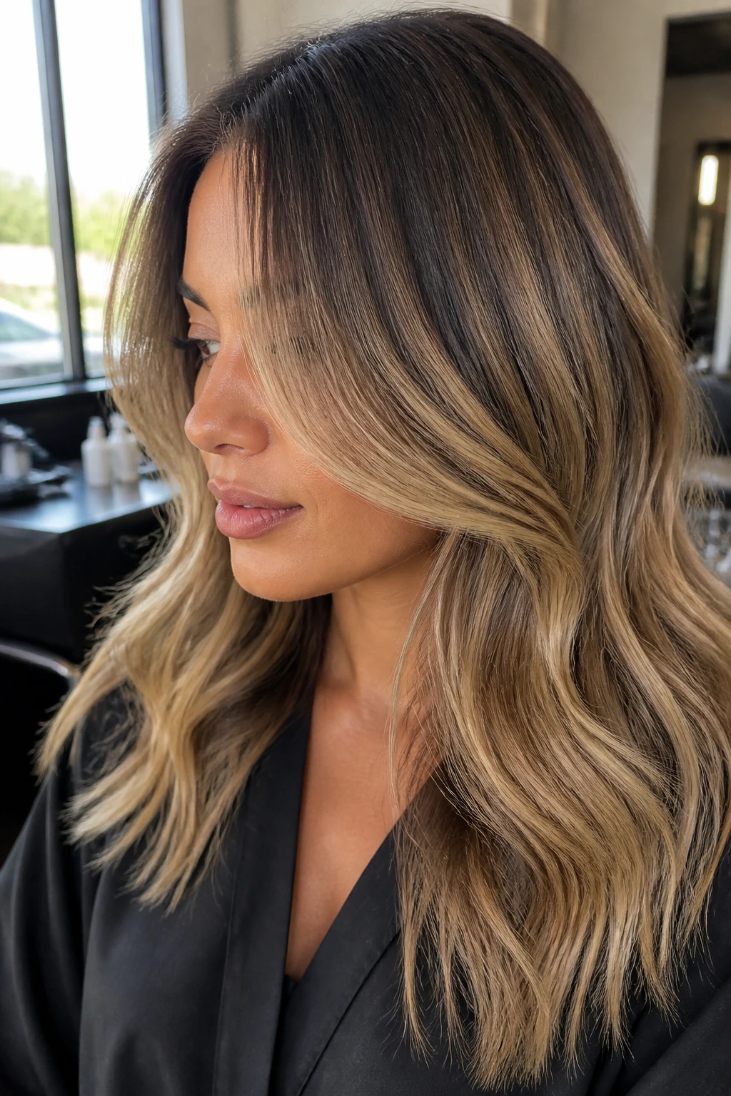 Close-up portrait of a woman with rooted dark blonde hair and tan skin in a bright salon setting