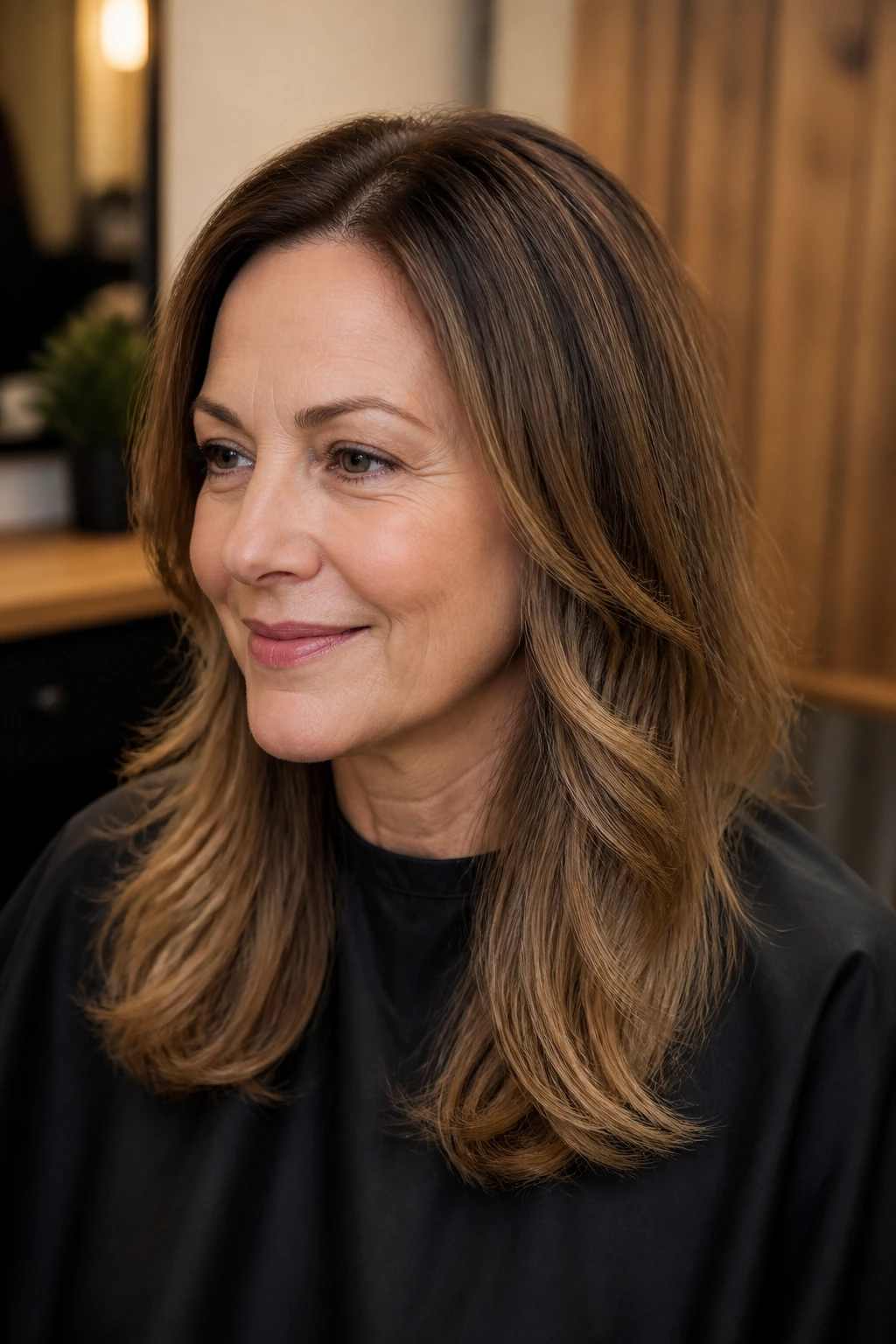Real woman with rooted dimension wefts showing subtle root shadow and gradient color