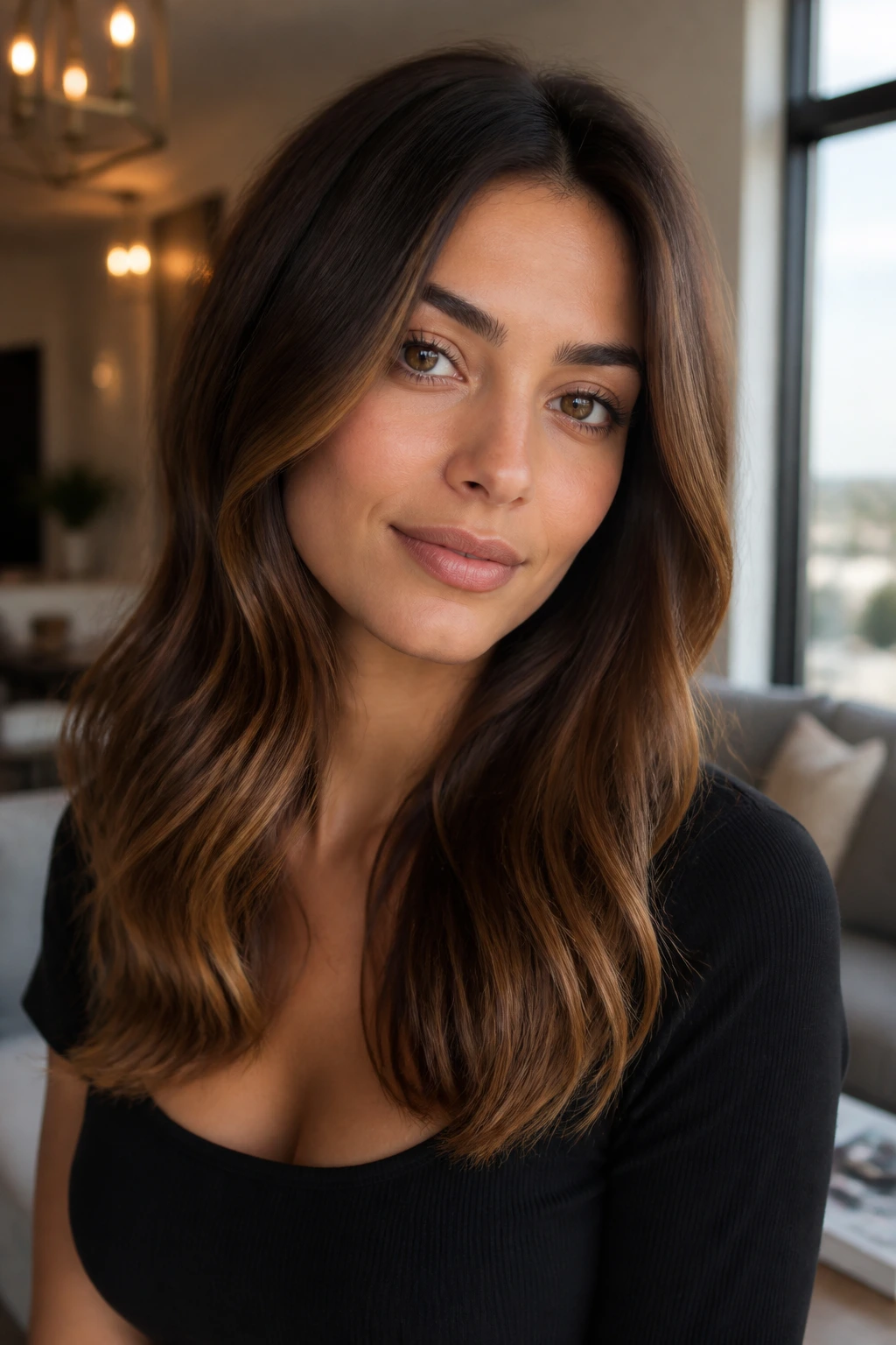 Close-up portrait of a woman with rooted dimensional brunette and soft contrast