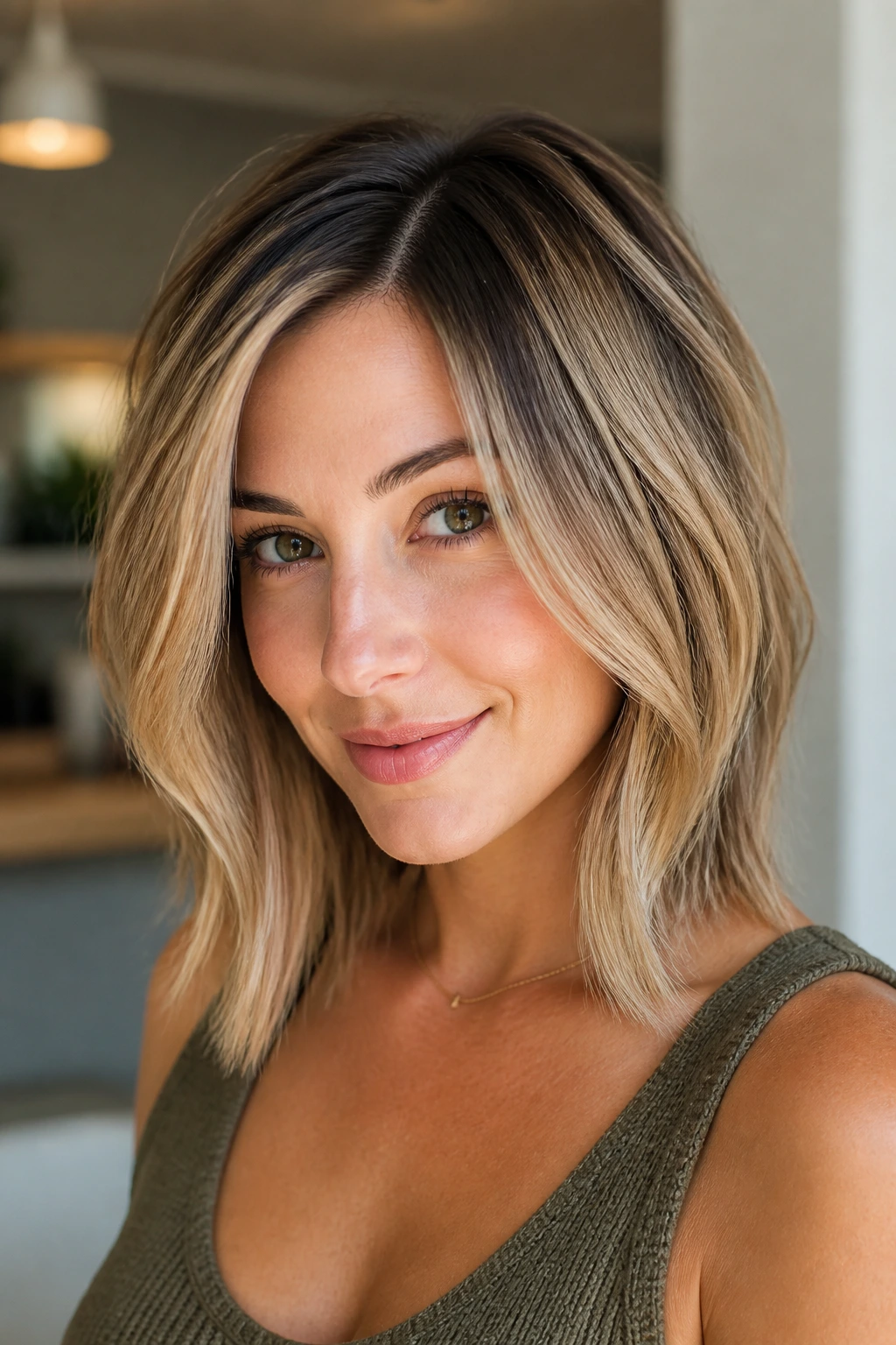 Close-up portrait of a real woman with rooted dimensional lob color depth