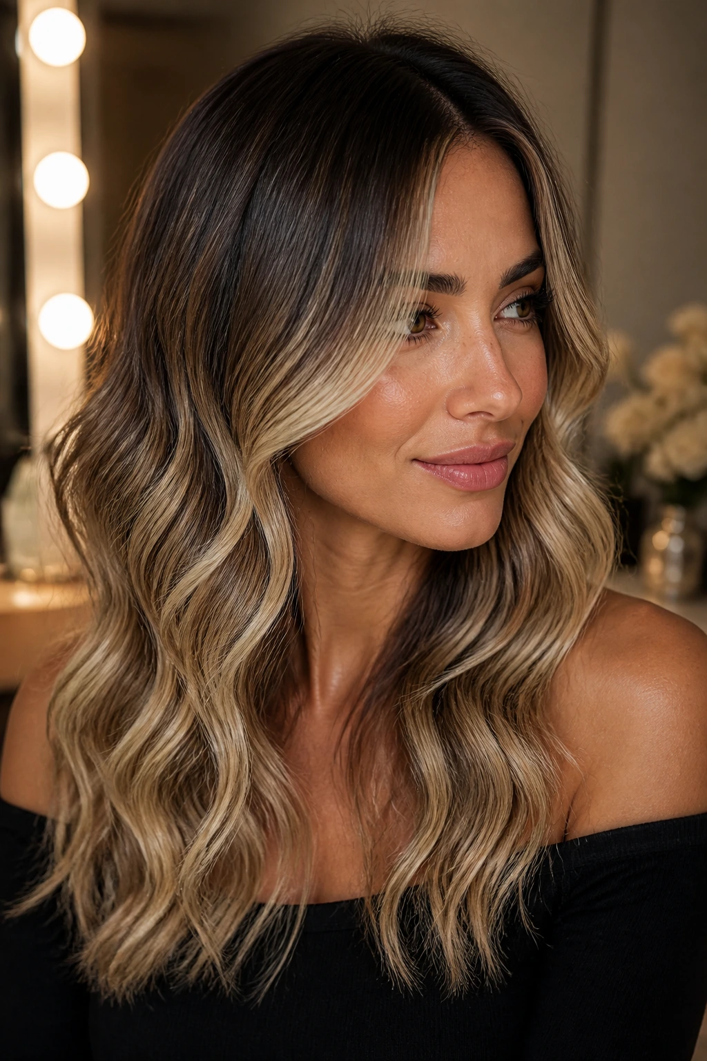 Portrait of a woman with rooted glam waves and shadow root