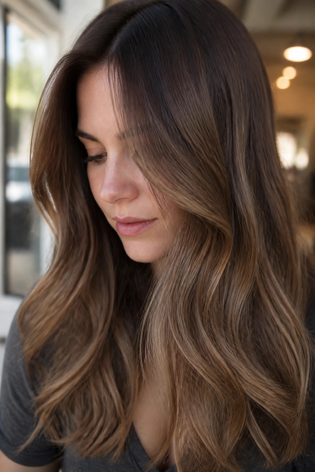 Portrait showing rooted glow and lighter mid-lengths for different hair histories in cool brown