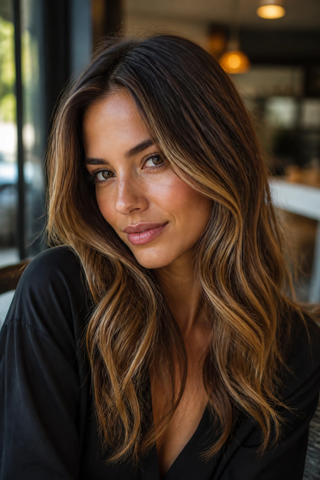 Close-up of honey highlighted hair with dark roots on a real person