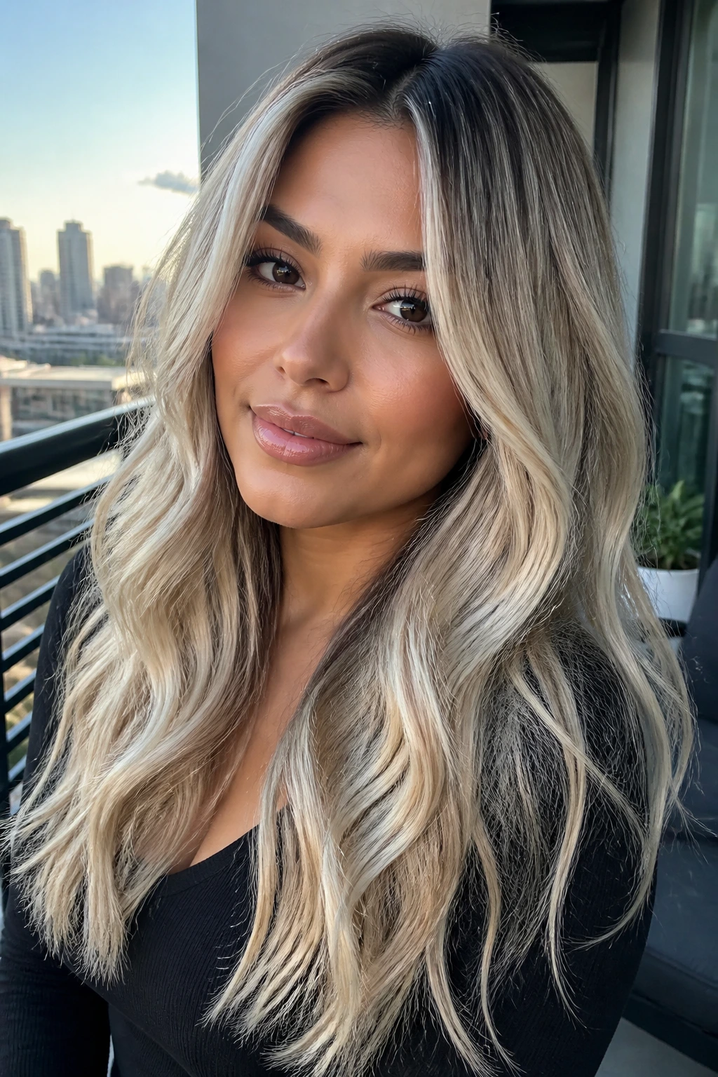 Close-up portrait of a woman with rooted ice blonde long waves on an urban balcony