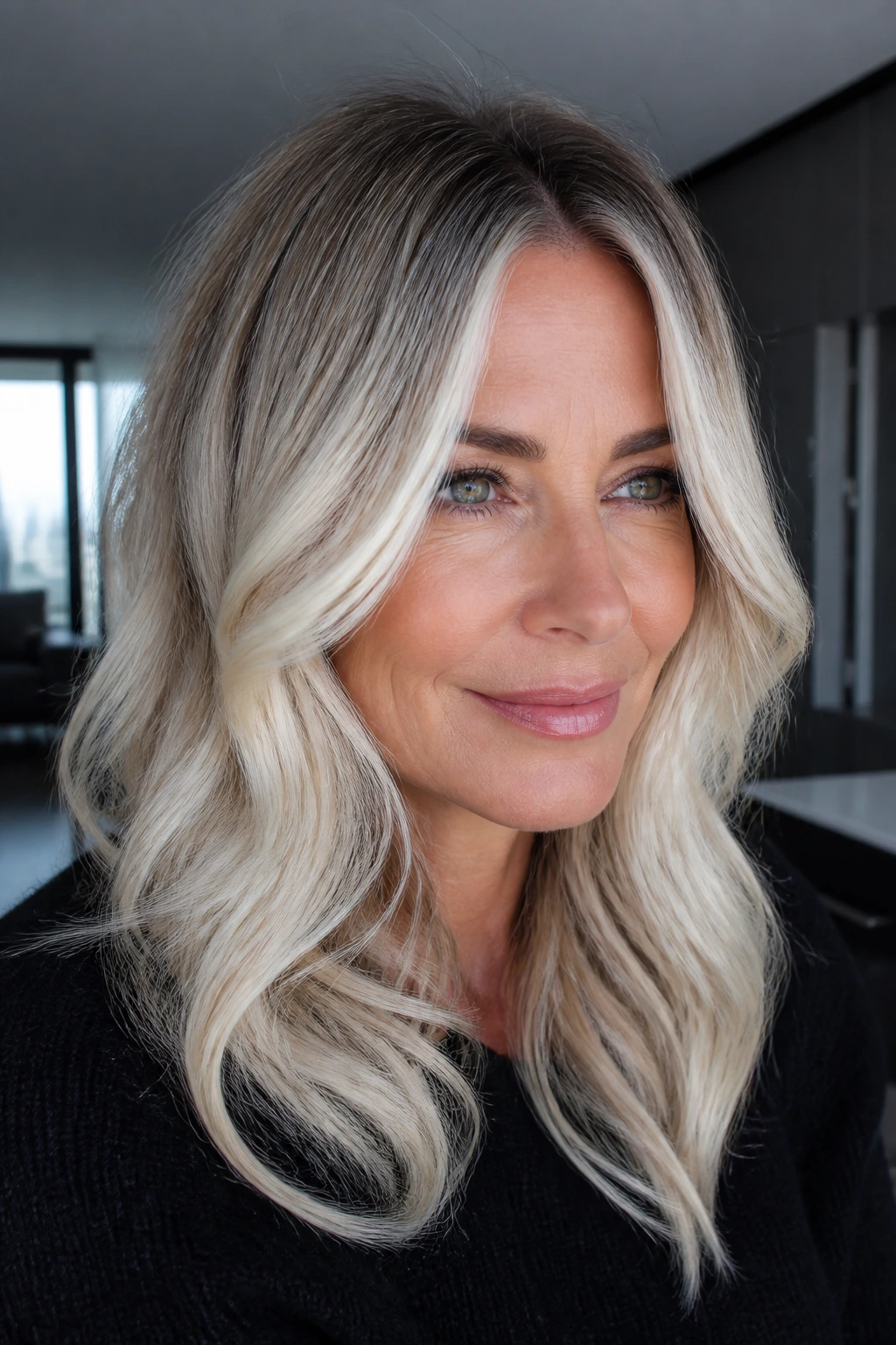 Close-up portrait of a real woman with rooted icy blonde under cool urban lighting.