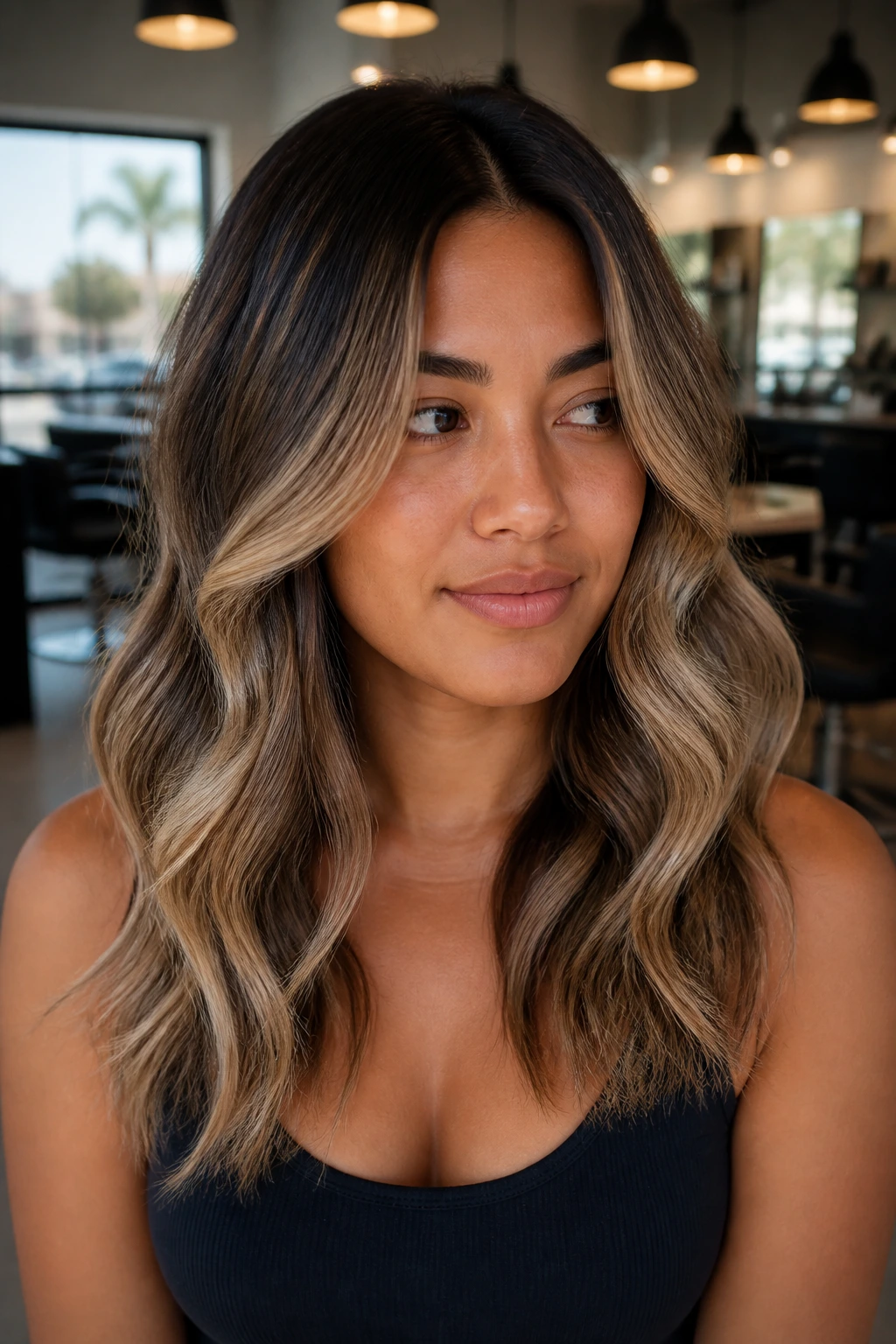 Close-up of a real person with rooted latte balayage on tan skin