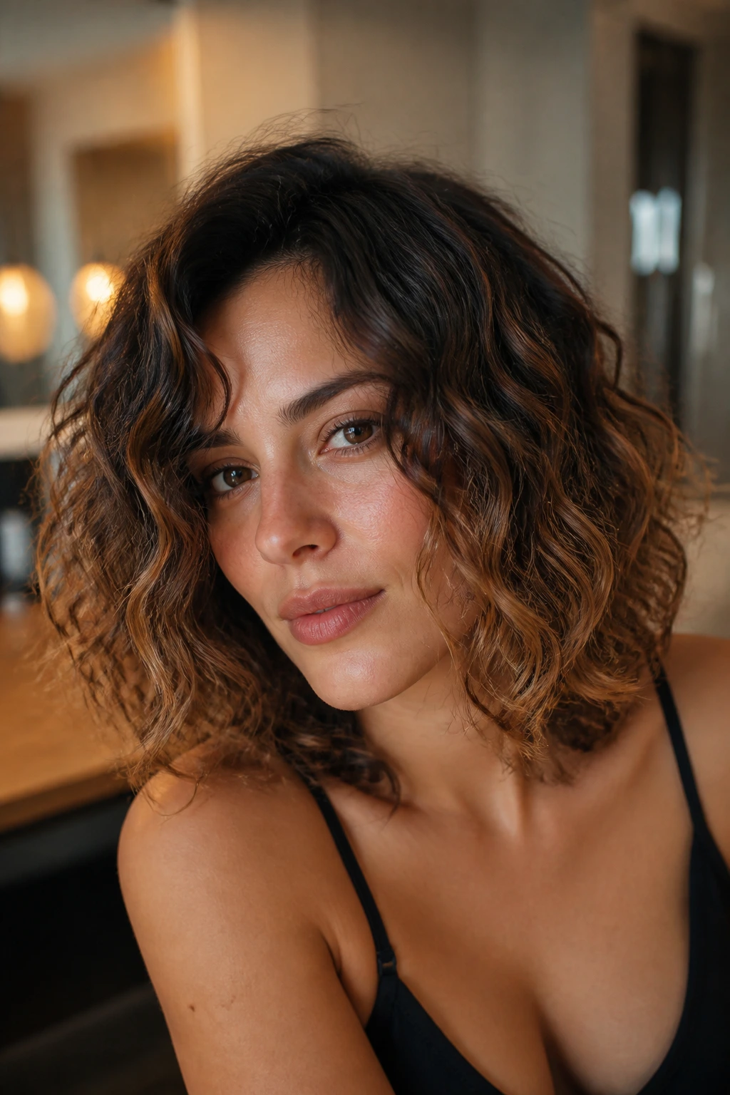 Close-up of brunette woman with rooted bronzed lob showing dark roots and bronze ends