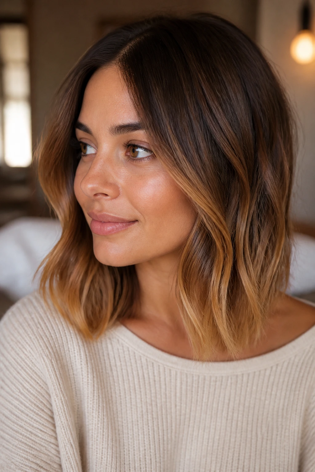 Close-up of rooted lob with warm caramel ends on real person