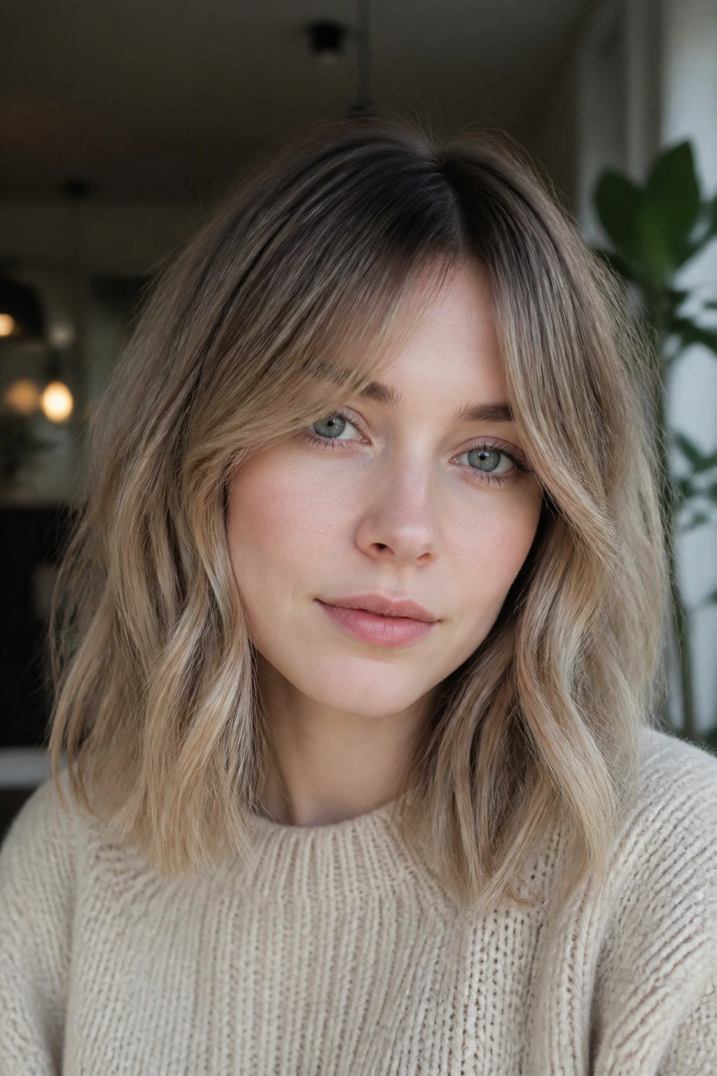 Portrait of a woman with a rooted lob and curtain bangs