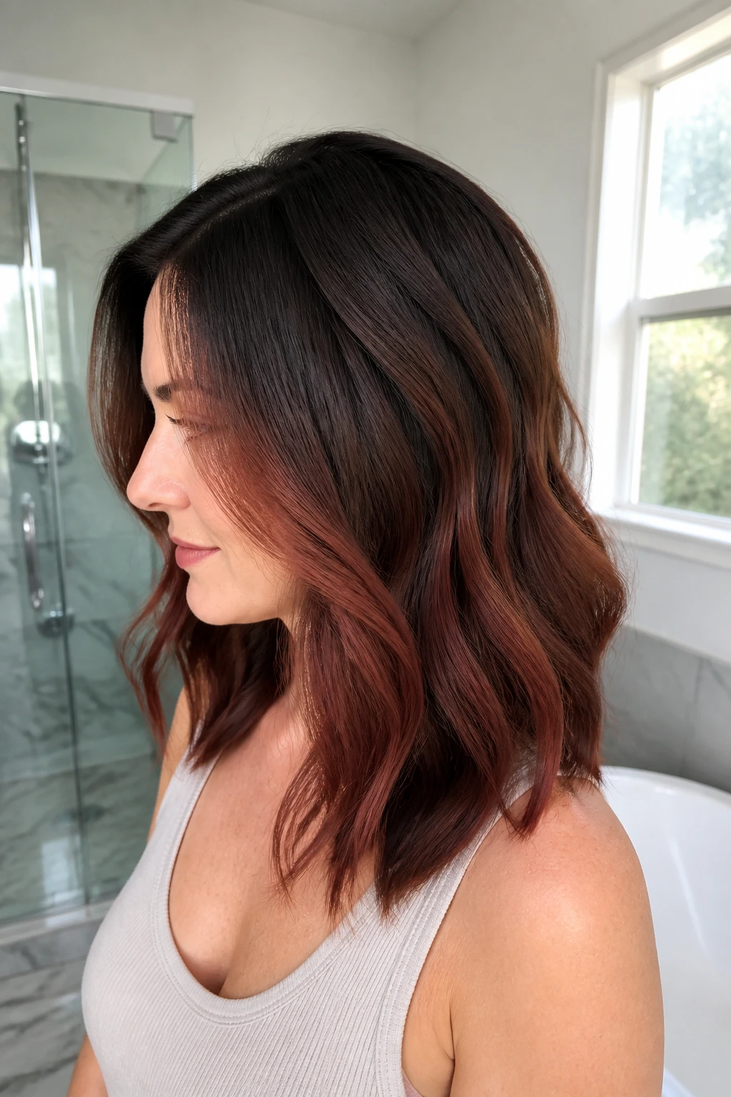 Close-up of rooted mahogany balayage with dark roots and mahogany ends