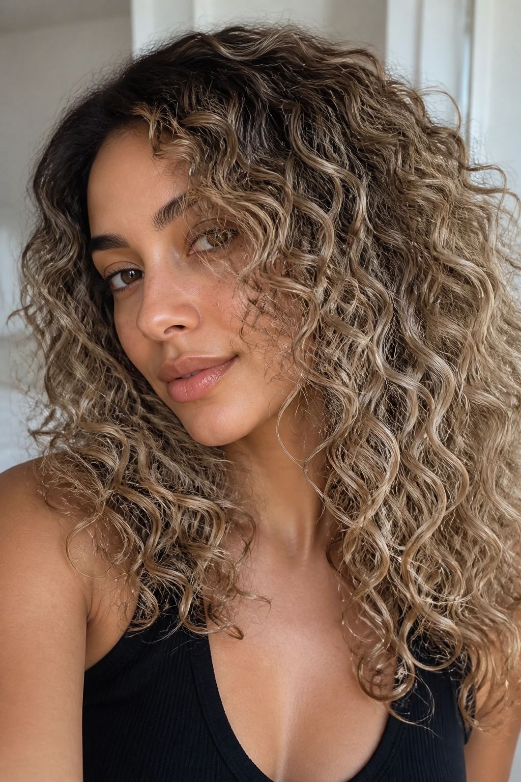 Close-up of rooted beige-ash melt on curly hair