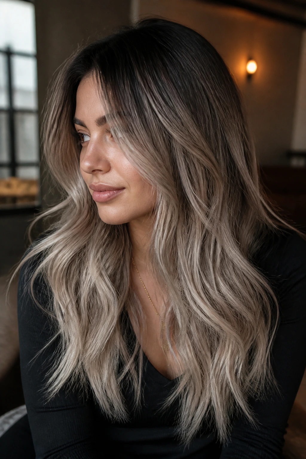 Close-up of a real woman with rooted pearl balayage and a dark base