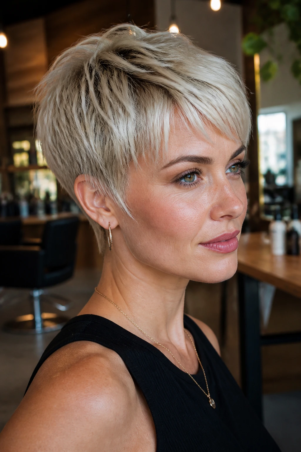 Portrait of a real woman with rooted pearl blonde pixie and razor-cut ends