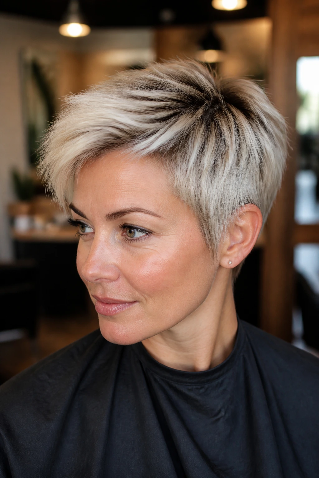 Close-up of a real woman with rooted platinum pixie and darker roots in a salon light