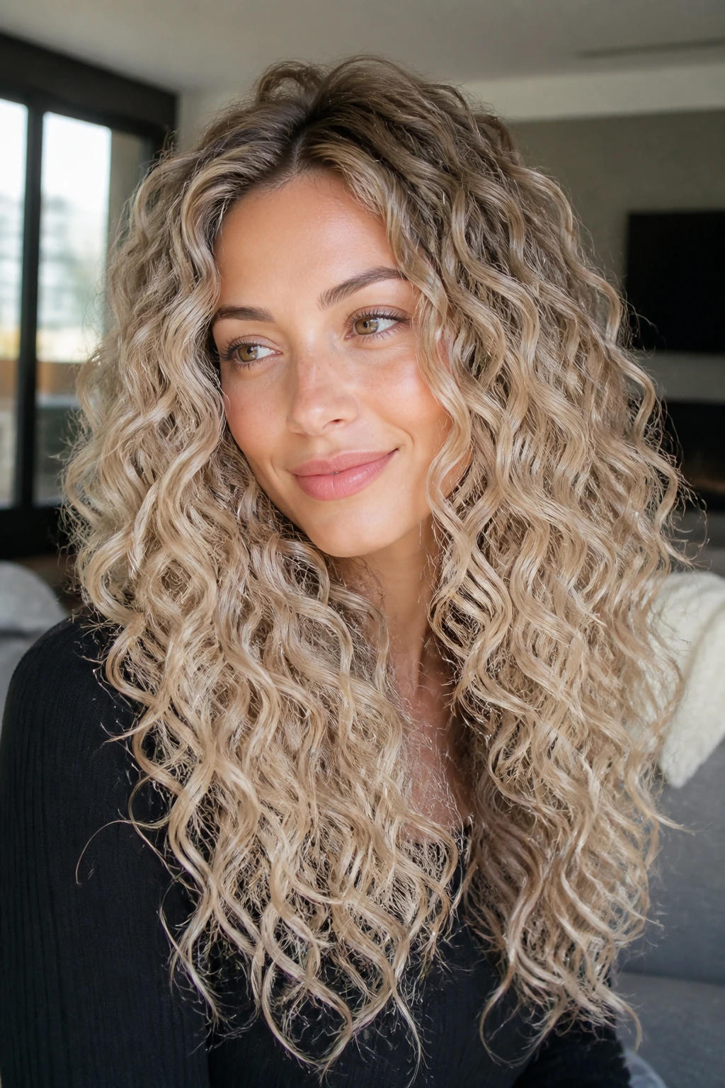 Long spiral curls with rooted platinum babylights on real person