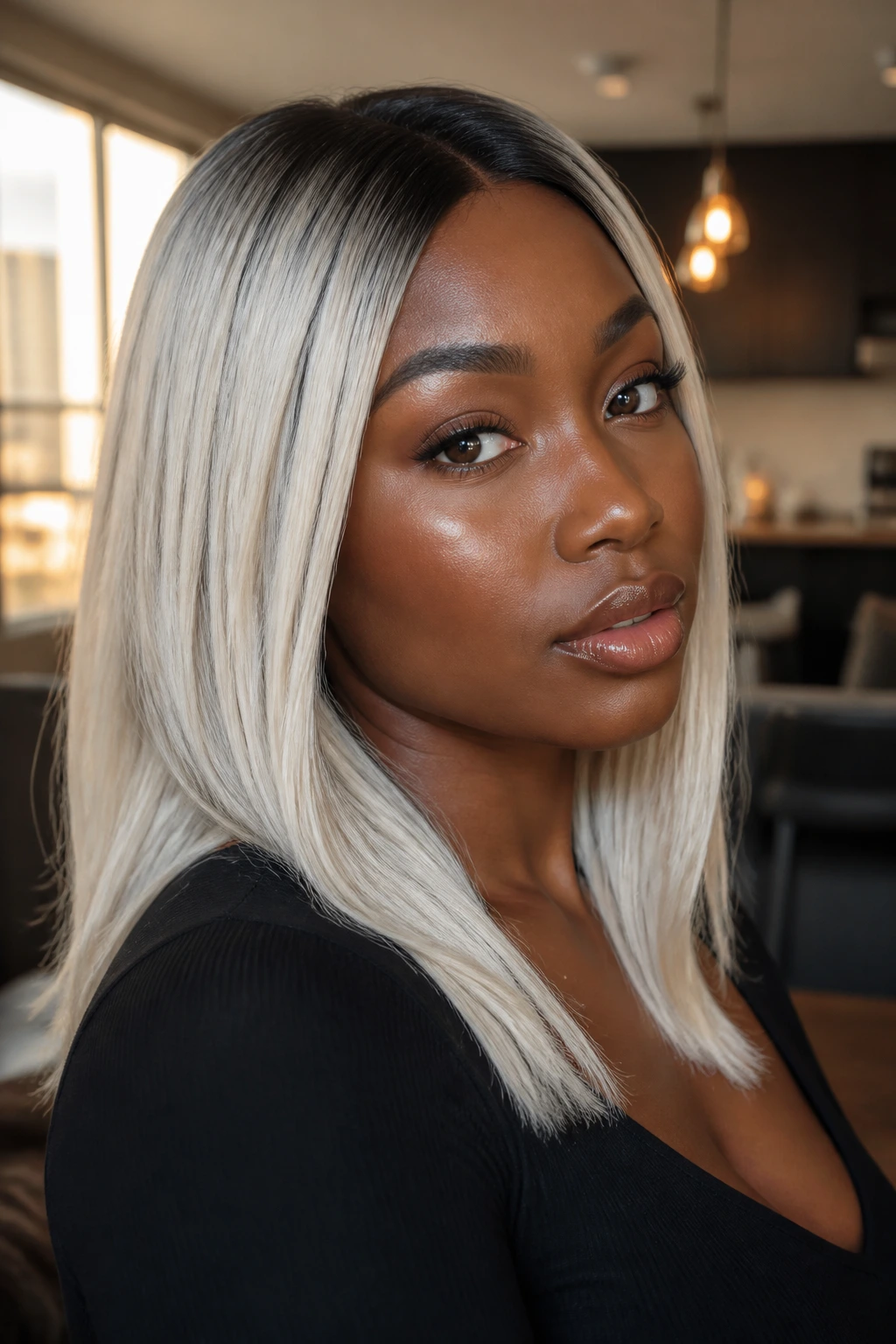 Close-up portrait of a real woman with rooted platinum blonde hair and deep skin tone in warm window light.