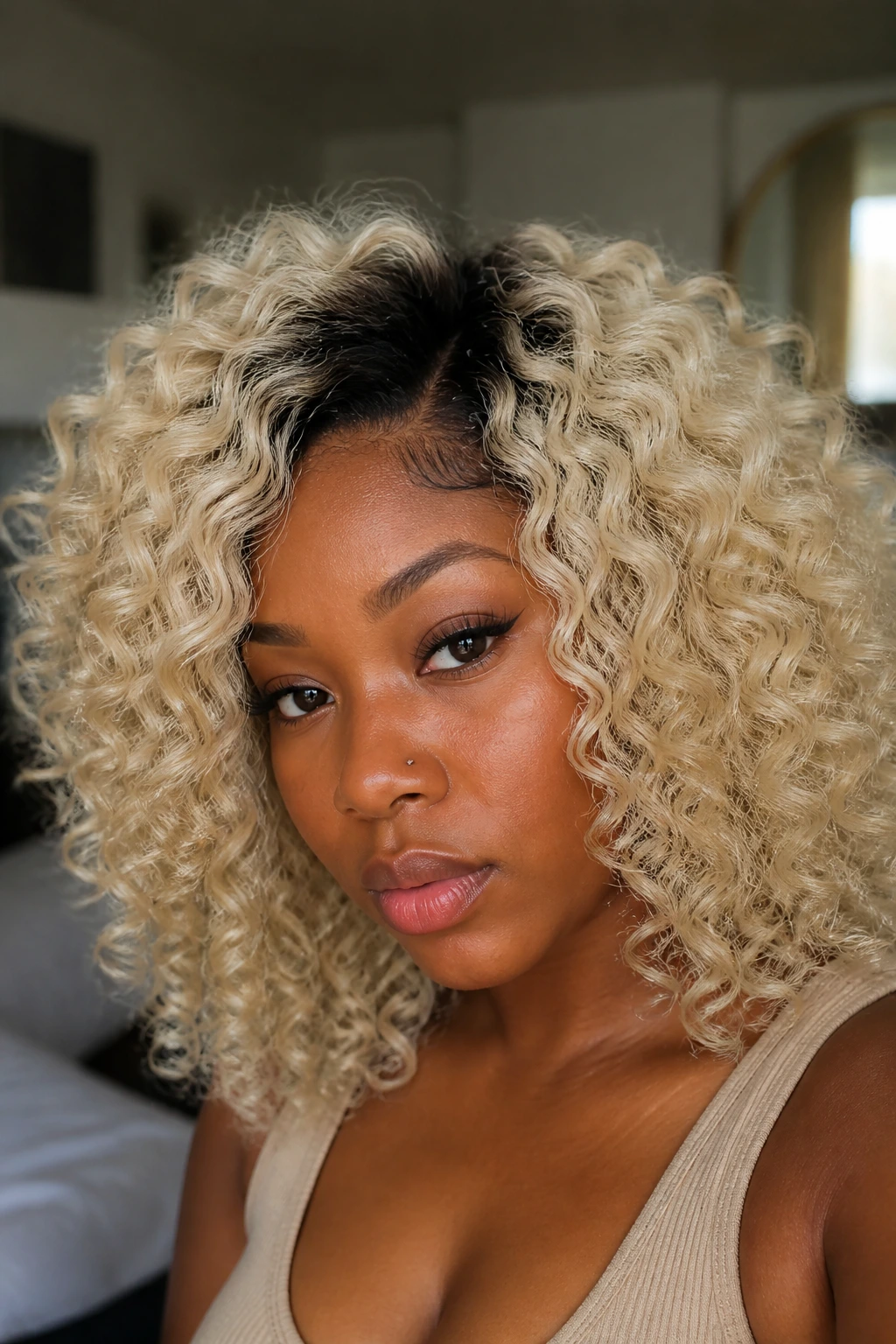 Close-up portrait of a deep-skinned woman with dark roots and platinum curls.