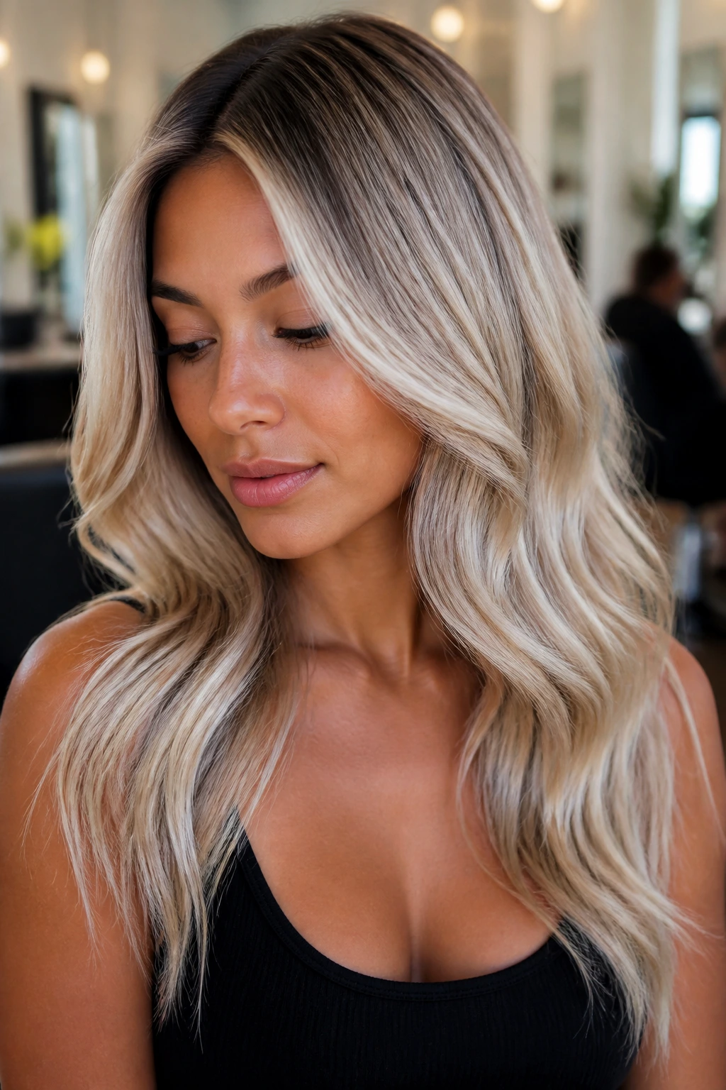 Portrait of a woman with rooted platinum melt and beige gloss.