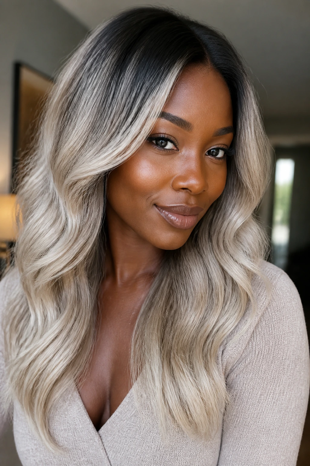Deep skin individual with rooted platinum melt hair