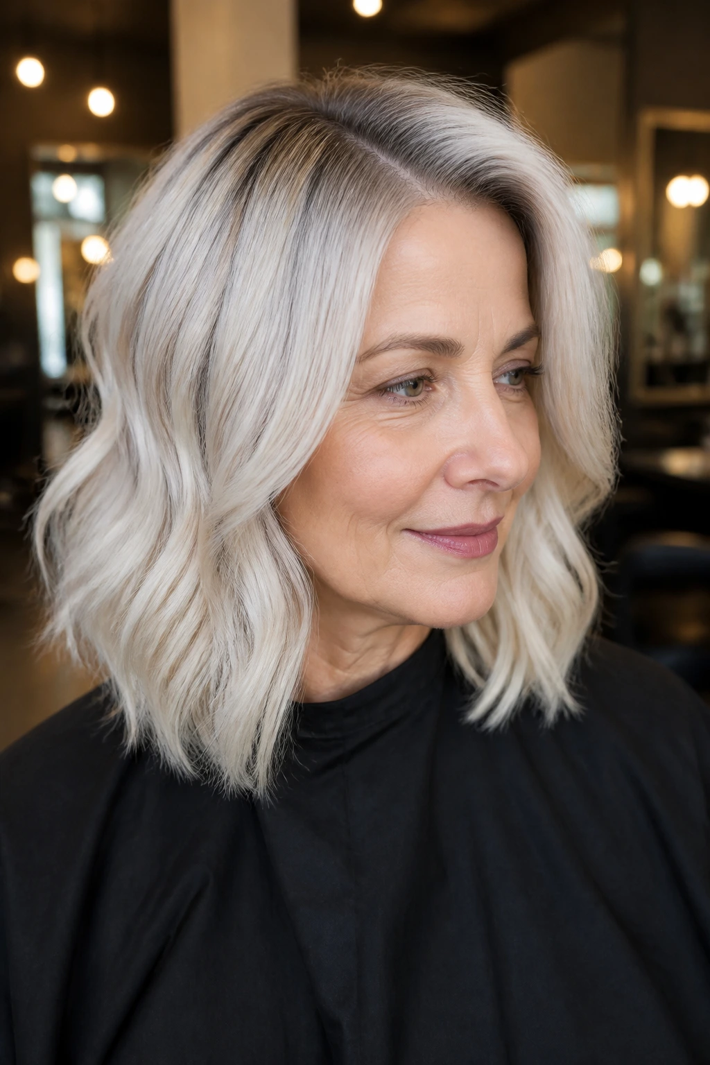 Close-up portrait of a woman with rooted platinum hair and soft shadow at the roots in a salon setting.