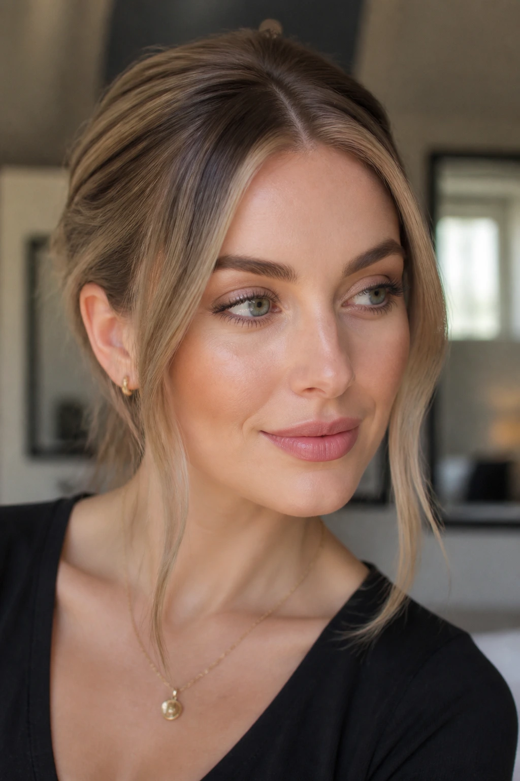 Close-up portrait of a real woman with a rooted sable frame around the face in a salon setting.
