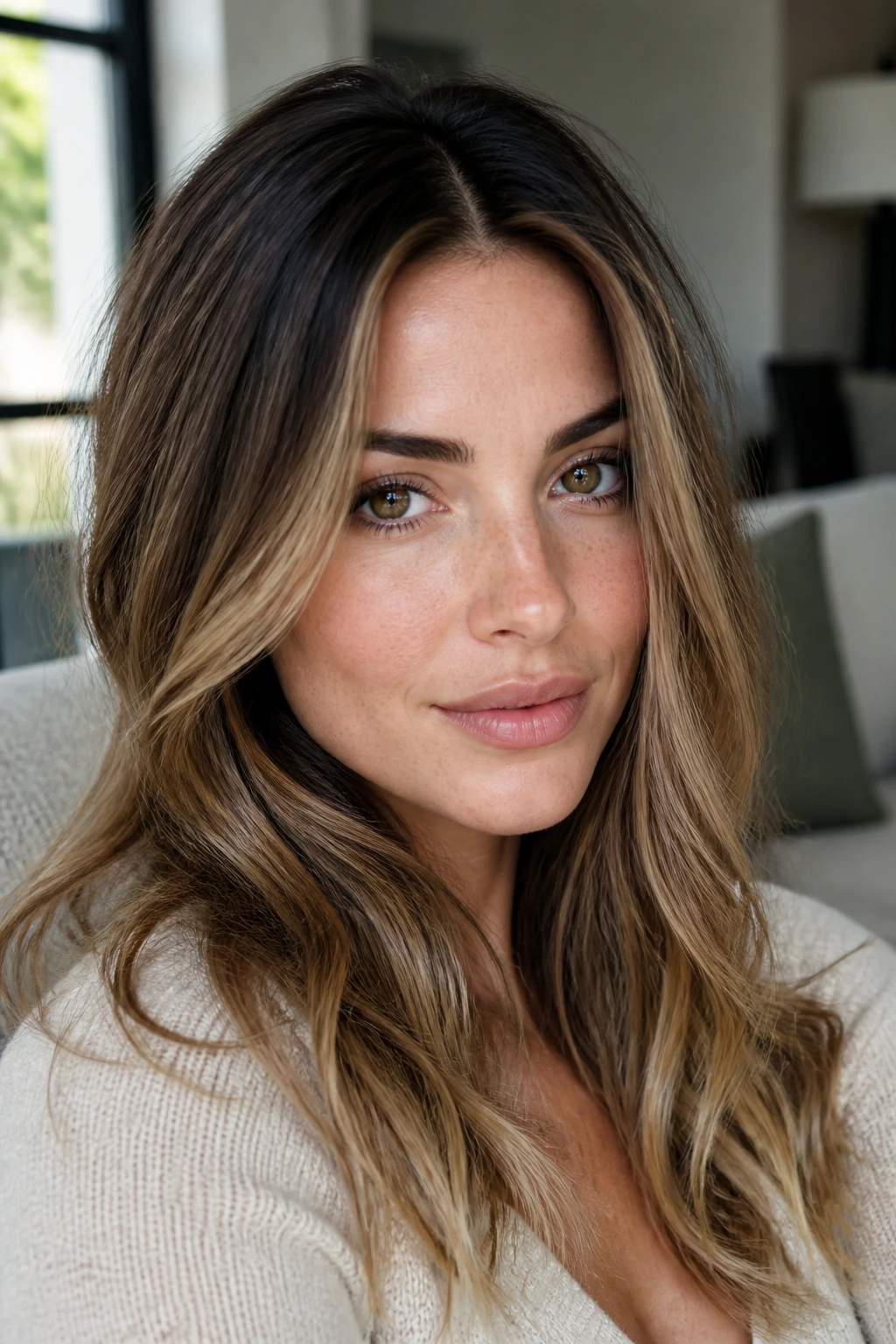 Close-up of rooted shadow lowlights on a real person showing darker roots